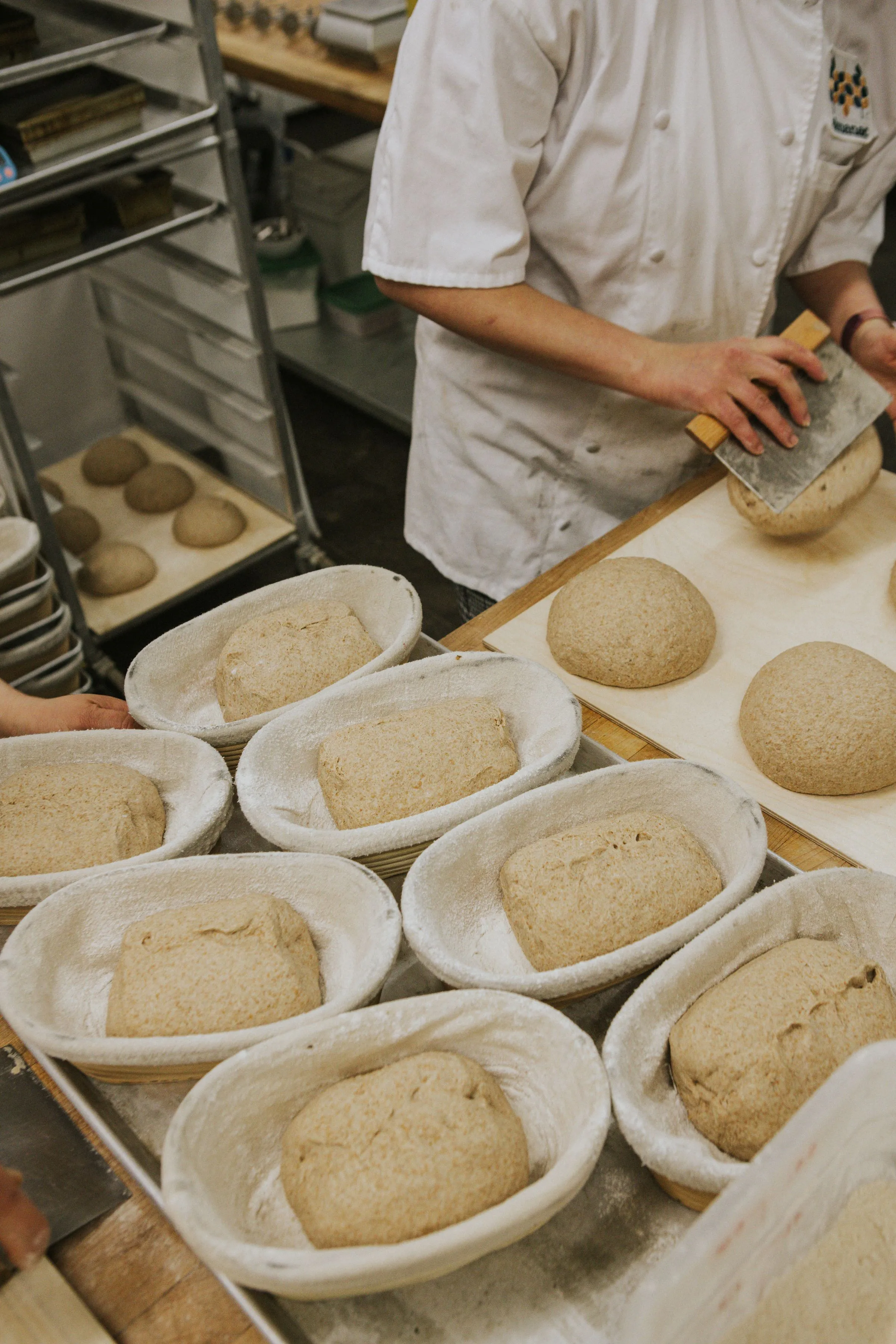 A baker in front of bannetons filled with sourdough dough